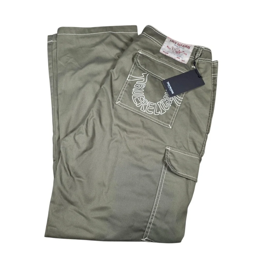 True Religion Mens Olive Green Cargo Pants Contrast Stitch Horseshoe Size 36 NWT